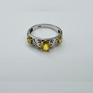 14k White Gold Detail Band with Three Yellow Oval Citrine.  Ladies Size 7.